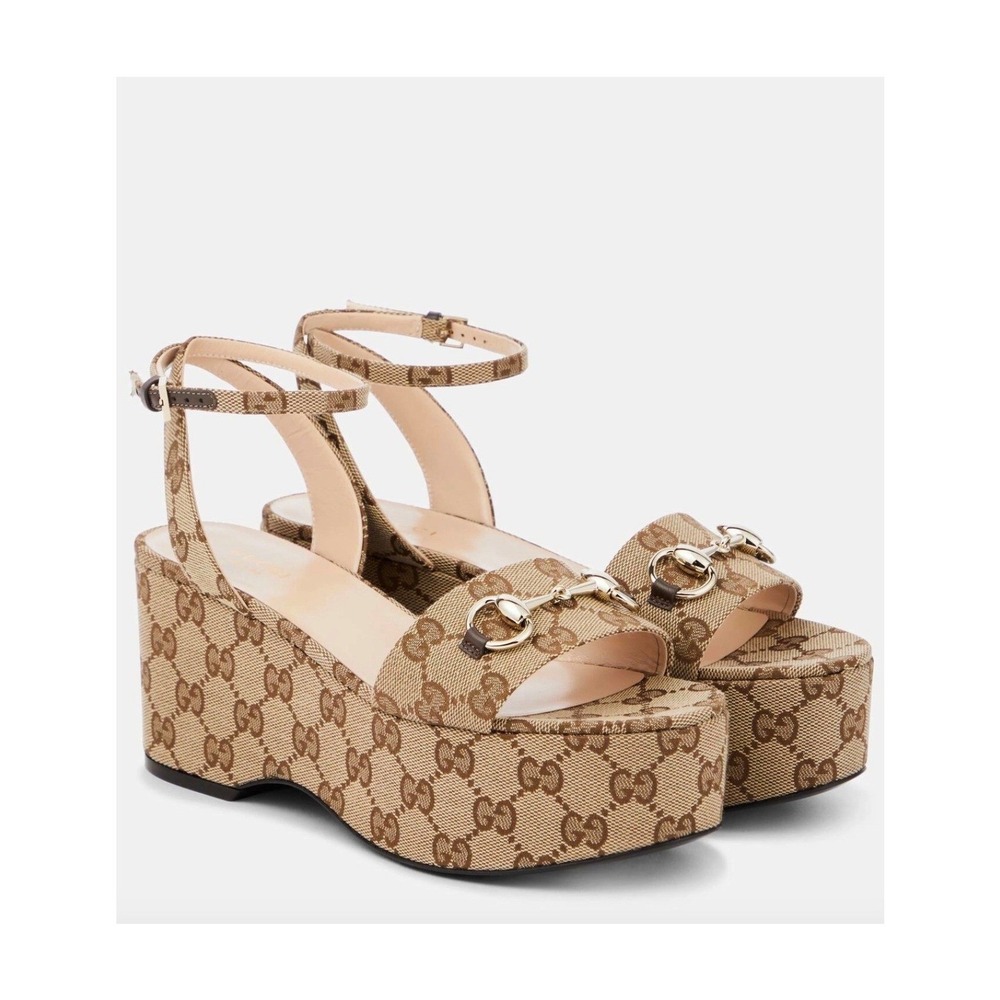 Gucci Lady Horsebit GG Supreme Canvas Platform Sandals Beige 37.5 Box Dust Bags